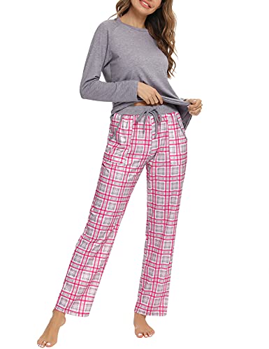 Uniexcosm Schlafanzug Damen Baumwolle Pyjama Set Lang Zweiteiliger Nachtwäsche Raglanärmel Sleepwear und Karierte Pyjamahose Hausanzug Freizeitanzug Stil 1:Grau XXL von Uniexcosm