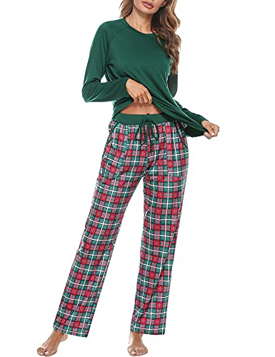 Uniexcosm Schlafanzug Damen Baumwolle Pyjama Set Lang Zweiteiliger Nachtwäsche Raglanärmel Sleepwear und Karierte Pyjamahose Hausanzug Freizeitanzug Stil 1:Grün S von Uniexcosm