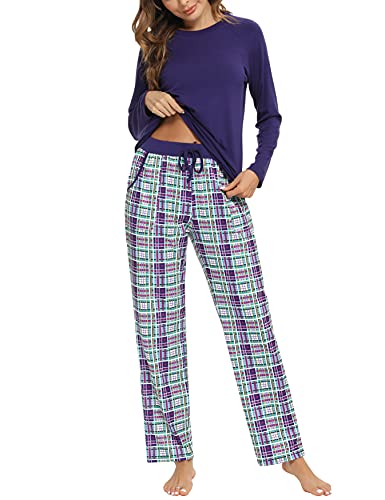 Uniexcosm Schlafanzug Damen Baumwolle Pyjama Set Lang Zweiteiliger Nachtwäsche Raglanärmel Sleepwear und Karierte Pyjamahose Hausanzug Freizeitanzug Stil 1:Königsblau S von Uniexcosm