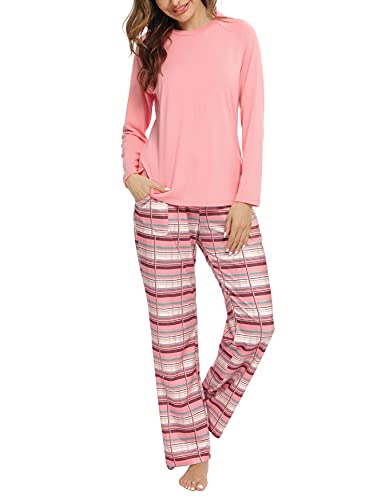 Uniexcosm Schlafanzug Damen Baumwolle Pyjama Set Lang Zweiteiliger Nachtwäsche Raglanärmel Sleepwear und Karierte Pyjamahose Hausanzug Freizeitanzug Stil 1:Orange XL von Uniexcosm