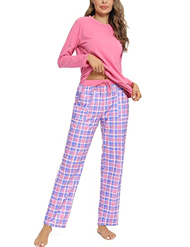 Uniexcosm Schlafanzug Damen Baumwolle Pyjama Set Lang Zweiteiliger Nachtwäsche Raglanärmel Sleepwear und Karierte Pyjamahose Hausanzug Freizeitanzug Stil 1:Rosa-1 XXL von Uniexcosm