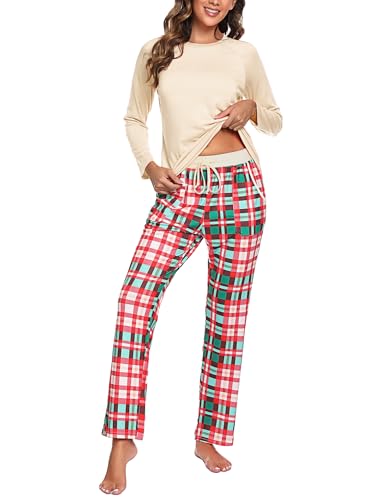 Uniexcosm Schlafanzug Damen Baumwolle Pyjama Set Lang Zweiteiliger Nachtwäsche Raglanärmel Sleepwear und Karierte Pyjamahose Hausanzug Freizeitanzug Stil 1:Aprikose S von Uniexcosm