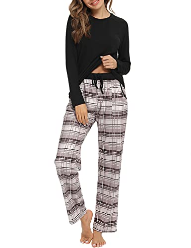 Uniexcosm Schlafanzug Damen Baumwolle Pyjama Set Lang Zweiteiliger Nachtwäsche Raglanärmel Sleepwear und Karierte Pyjamahose Hausanzug Freizeitanzug Stil 1:Dunkelschwarz S von Uniexcosm