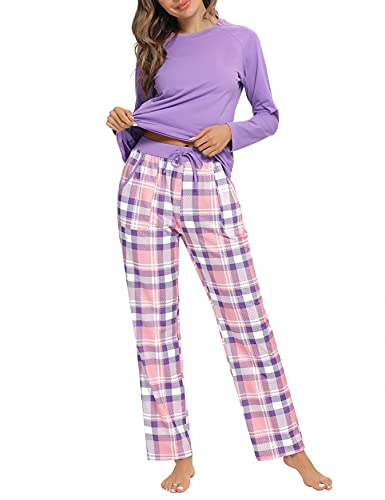 Uniexcosm Schlafanzug Damen Baumwolle Pyjama Set Lang Zweiteiliger Nachtwäsche Raglanärmel Sleepwear und Karierte Pyjamahose Hausanzug Freizeitanzug Stil 1:Lila M von Uniexcosm