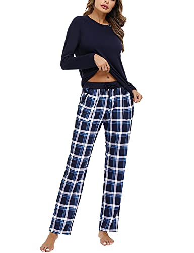 Uniexcosm Schlafanzug Damen Baumwolle Pyjama Set Lang Zweiteiliger Nachtwäsche Raglanärmel Sleepwear und Karierte Pyjamahose Hausanzug Freizeitanzug Stil 1:Marineblau-1 L von Uniexcosm