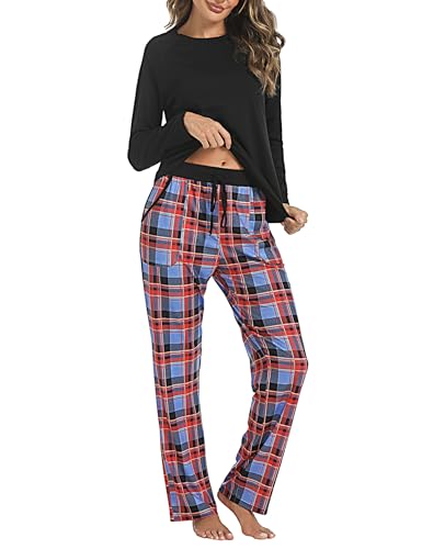 Uniexcosm Schlafanzug Damen Baumwolle Pyjama Set Lang Zweiteiliger Nachtwäsche Raglanärmel Sleepwear und Karierte Pyjamahose Hausanzug Freizeitanzug Stil 1:PAT1 L von Uniexcosm