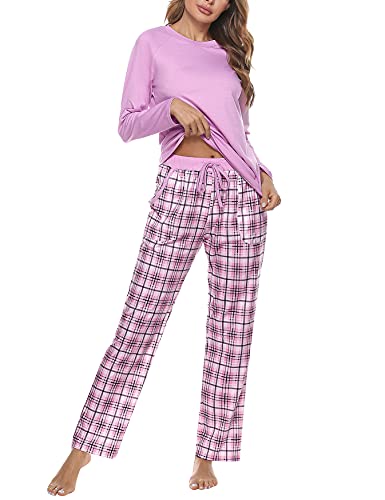 Uniexcosm Schlafanzug Damen Baumwolle Pyjama Set Lang Zweiteiliger Nachtwäsche Raglanärmel Sleepwear und Karierte Pyjamahose Hausanzug Freizeitanzug Stil 1:Rosa-2 XXL von Uniexcosm