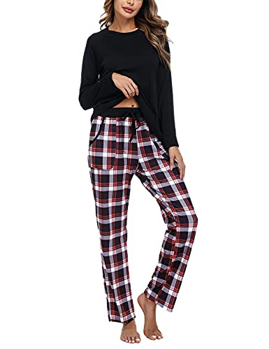 Uniexcosm Schlafanzug Damen Baumwolle Pyjama Set Lang Zweiteiliger Nachtwäsche Raglanärmel Sleepwear und Karierte Pyjamahose Hausanzug Freizeitanzug Stil 1:Schwarz S von Uniexcosm