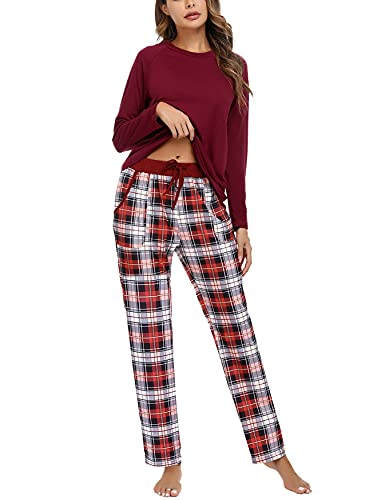 Uniexcosm Schlafanzug Damen Baumwolle Pyjama Set Lang Zweiteiliger Nachtwäsche Raglanärmel Sleepwear und Karierte Pyjamahose Hausanzug Freizeitanzug Stil 1:Weinrot L von Uniexcosm