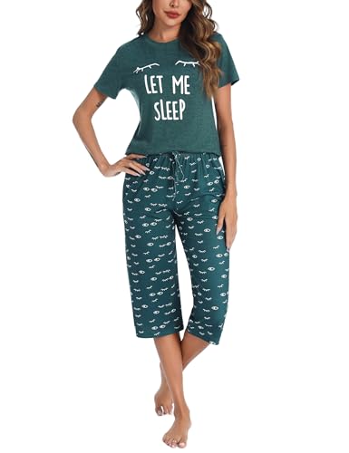 Uniexcosm Schlafanzug Damen Kurz Baumwolle Pyjama Set Zweiteiliger Kurzarm Nachtwäsche Wimperndruck Oberteil und 3/4 Hose Sleepwear A:Dunkelgrün L von Uniexcosm