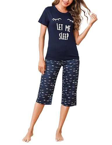 Uniexcosm Schlafanzug Damen Kurz Baumwolle Pyjama Set Zweiteiliger Kurzarm Nachtwäsche Wimperndruck Oberteil und 3/4 Hose Sleepwear A:Marineblau-1 XXL von Uniexcosm