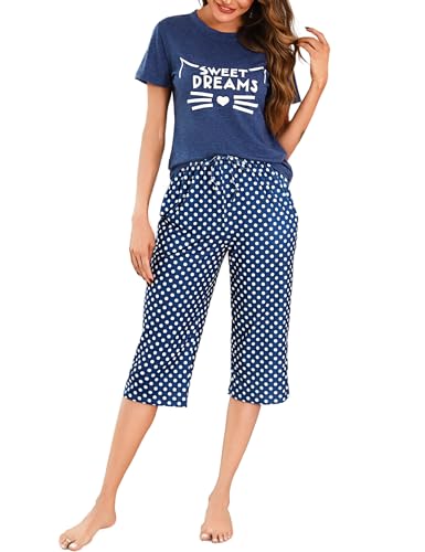 Uniexcosm Schlafanzug Damen Kurz Baumwolle Pyjama Set Zweiteiliger Kurzarm Nachtwäsche Wimperndruck Oberteil und 3/4 Hose Sleepwear A:Marineblau L von Uniexcosm