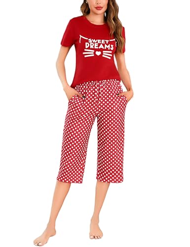 Uniexcosm Schlafanzug Damen Kurz Baumwolle Pyjama Set Zweiteiliger Kurzarm Nachtwäsche Wimperndruck Oberteil und 3/4 Hose Sleepwear A:Rot M von Uniexcosm