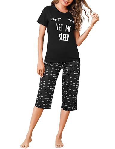 Uniexcosm Schlafanzug Damen Kurz Baumwolle Pyjama Set Zweiteiliger Kurzarm Nachtwäsche Wimperndruck Oberteil und 3/4 Hose Sleepwear A:Schwarz-1 M von Uniexcosm