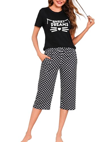 Uniexcosm Schlafanzug Damen Kurz Baumwolle Pyjama Set Zweiteiliger Kurzarm Nachtwäsche Wimperndruck Oberteil und 3/4 Hose Sleepwear A:Schwarz L von Uniexcosm