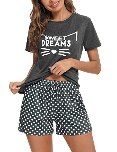 Uniexcosm Schlafanzug Damen Kurz Baumwolle Zweiteiliger Pyjama Set Kurzarm Nachtwäsche Wimperndruck Sleepwear Hausanzug Loungewear Stil 1:Dunkelgrau XL von Uniexcosm