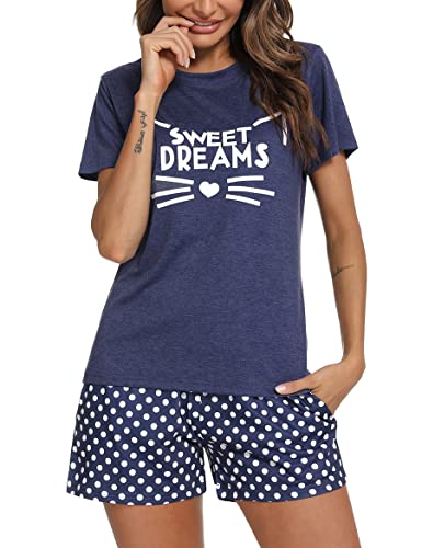 Uniexcosm Schlafanzug Damen Kurz Baumwolle Zweiteiliger Pyjama Set Kurzarm Nachtwäsche Wimperndruck Sleepwear Hausanzug Loungewear Stil 1:Marineblau S von Uniexcosm