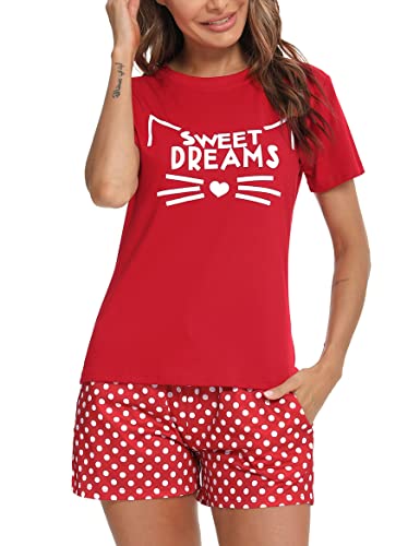 Uniexcosm Schlafanzug Damen Kurz Baumwolle Zweiteiliger Pyjama Set Kurzarm Nachtwäsche Wimperndruck Sleepwear Hausanzug Loungewear Stil 1:Rot XL von Uniexcosm