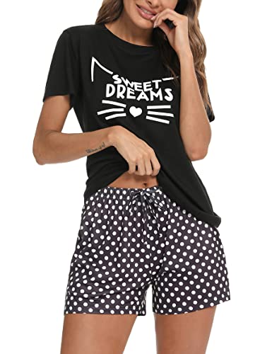 Uniexcosm Schlafanzug Damen Kurz Baumwolle Zweiteiliger Pyjama Set Kurzarm Nachtwäsche Wimperndruck Sleepwear Hausanzug Loungewear Stil 1:Schwarz M von Uniexcosm