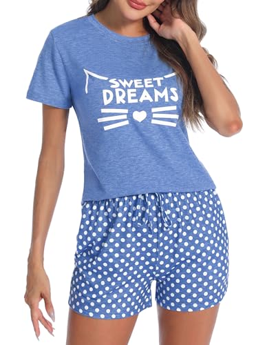 Uniexcosm Schlafanzug Damen Kurz Baumwolle Zweiteiliger Pyjama Set Kurzarm Nachtwäsche Wimperndruck Sleepwear Hausanzug Loungewear Stil 1:Blau-2 L von Uniexcosm