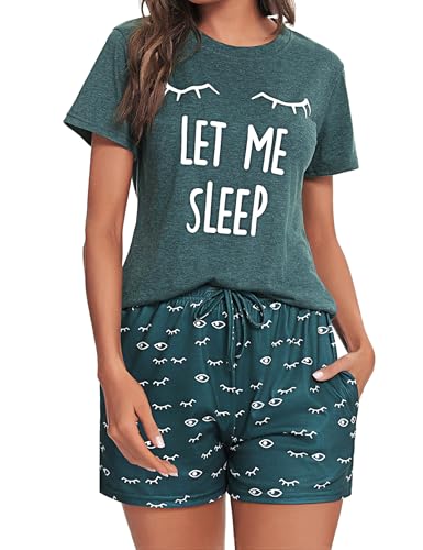 Uniexcosm Schlafanzug Damen Kurz Baumwolle Zweiteiliger Pyjama Set Kurzarm Nachtwäsche Wimperndruck Sleepwear Hausanzug Loungewear Stil 1:Dunkelgrün L von Uniexcosm