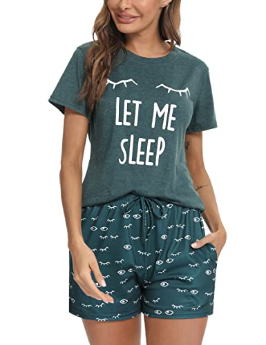 Uniexcosm Schlafanzug Damen Kurz Baumwolle Zweiteiliger Pyjama Set Kurzarm Nachtwäsche Wimperndruck Sleepwear Hausanzug Loungewear Stil 1:Dunkelgrün M von Uniexcosm