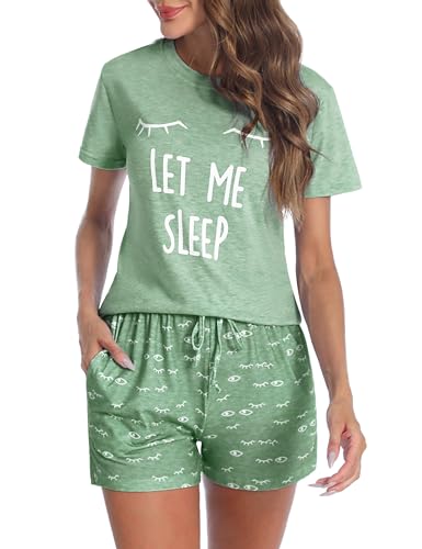 Uniexcosm Schlafanzug Damen Kurz Baumwolle Zweiteiliger Pyjama Set Kurzarm Nachtwäsche Wimperndruck Sleepwear Hausanzug Loungewear Stil 1:Grün-1 M von Uniexcosm