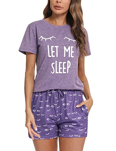 Uniexcosm Schlafanzug Damen Kurz Baumwolle Zweiteiliger Pyjama Set Kurzarm Nachtwäsche Wimperndruck Sleepwear Hausanzug Loungewear Stil 1:Lila L von Uniexcosm