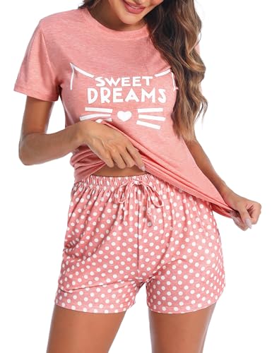 Uniexcosm Schlafanzug Damen Kurz Baumwolle Zweiteiliger Pyjama Set Kurzarm Nachtwäsche Wimperndruck Sleepwear Hausanzug Loungewear Stil 1:Lotusfarbe-2 S von Uniexcosm