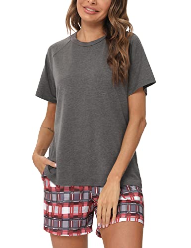 Uniexcosm Schlafanzug Damen Kurz Pyjama Set Baumwolle Zweiteiliger Kurzarm Nachtwäsche Raglanärmel Sleepwear und Karierte Pyjamahose Loungewear Hausanzug Stil 1:Dunkelgrau L von Uniexcosm