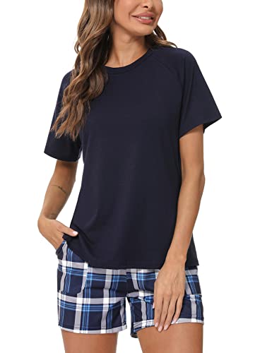 Uniexcosm Schlafanzug Damen Kurz Pyjama Set Baumwolle Zweiteiliger Kurzarm Nachtwäsche Raglanärmel Sleepwear und Karierte Pyjamahose Loungewear Hausanzug Stil 1:Marineblau L von Uniexcosm