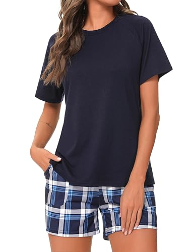 Uniexcosm Schlafanzug Damen Kurz Pyjama Set Baumwolle Zweiteiliger Kurzarm Nachtwäsche Raglanärmel Sleepwear und Karierte Pyjamahose Loungewear Hausanzug Stil 1:Marineblau XL von Uniexcosm