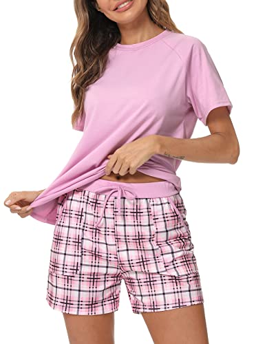 Uniexcosm Schlafanzug Damen Kurz Pyjama Set Baumwolle Zweiteiliger Kurzarm Nachtwäsche Raglanärmel Sleepwear und Karierte Pyjamahose Loungewear Hausanzug Stil 1:Rosa M von Uniexcosm