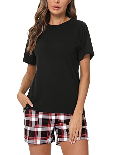 Uniexcosm Schlafanzug Damen Kurz Pyjama Set Baumwolle Zweiteiliger Kurzarm Nachtwäsche Raglanärmel Sleepwear und Karierte Pyjamahose Loungewear Hausanzug Stil 1:Schwarz M von Uniexcosm