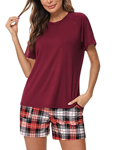 Uniexcosm Schlafanzug Damen Kurz Pyjama Set Baumwolle Zweiteiliger Kurzarm Nachtwäsche Raglanärmel Sleepwear und Karierte Pyjamahose Loungewear Hausanzug Stil 1:Weinrot M von Uniexcosm