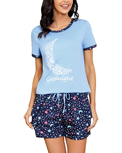 Uniexcosm Schlafanzug Damen Kurz Pyjama Set Baumwolle Zweiteiliger Nachtwäsche Kurzarm Rundhals Sternen und Mondmustern Sleepshirt und Pyjamahose Sleepwear Hausanzug Stil 2:Himmelblau L von Uniexcosm