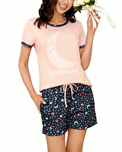 Uniexcosm Schlafanzug Damen Kurz Pyjama Set Baumwolle Zweiteiliger Nachtwäsche Kurzarm Rundhals Sternen und Mondmustern Sleepshirt und Pyjamahose Sleepwear Hausanzug Stil 2:Rosa XXL von Uniexcosm