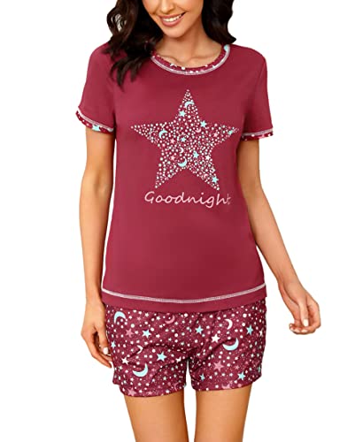 Uniexcosm Schlafanzug Damen Kurz Pyjama Set Baumwolle Zweiteiliger Nachtwäsche Kurzarm Rundhals Sternen und Mondmustern Sleepshirt und Pyjamahose Sleepwear Hausanzug Stil 2:Weinrot XXL von Uniexcosm