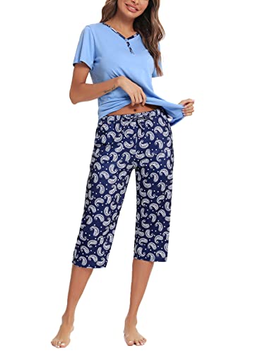 Uniexcosm Schlafanzug Damen Kurz Zweiteiliger Pyjama Set Kurzarm Nachtwäsche Baumwolle Oberteil und 3/4 Hose Sleepwear B:PAT2 XXL von Uniexcosm