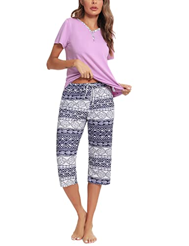 Uniexcosm Schlafanzug Damen Kurz Zweiteiliger Pyjama Set Kurzarm Nachtwäsche Baumwolle Oberteil und 3/4 Hose Sleepwear B:PAT3 M von Uniexcosm