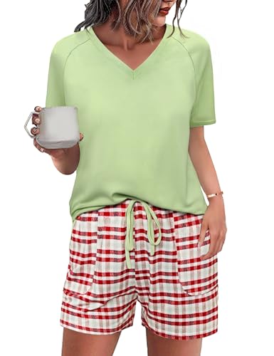 Uniexcosm Schlafanzug Damen Kurz Zweiteiliger Pyjama Shorty Baumwolle Nachtwäsche V Ausschnitt Oberteil und Kariert Shorts Sleepwear für Sommer B:Grün M Uniexcosm Schlafanzug Damen Kurz Zweiteiliger Pyjama Shorty Baumwolle Nachtwäsche V Ausschnitt Oberteil und Kariert Shorts Sleepwear für Sommer B:Grün M von Uniexcosm