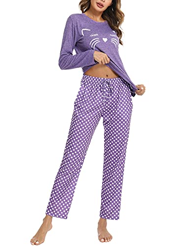 Uniexcosm Schlafanzug Damen Lang Pyjama Set Baumwolle Zweiteiliger Hausanzug Nachtwäsche mit Katzendruck und Polka Dot Schlafanzughose Loungewear Freizeitanzug Stil 1:Lila M von Uniexcosm