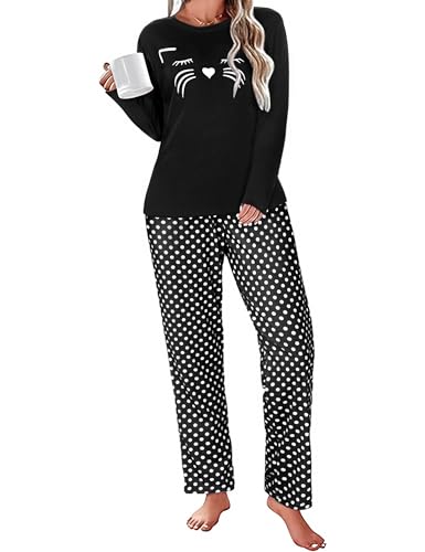 Uniexcosm Schlafanzug Damen Lang Pyjama Set Baumwolle Zweiteiliger Hausanzug Nachtwäsche mit Katzendruck und Polka Dot Schlafanzughose Loungewear Freizeitanzug Stil 1:Schwarz M Uniexcosm Schlafanzug Damen Lang Pyjama Set Baumwolle Zweiteiliger Hausanzug Nachtwäsche mit Katzendruck und Polka Dot Schlafanzughose Loungewear Freizeitanzug Stil 1:Schwarz M von Uniexcosm