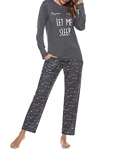 Uniexcosm Schlafanzug Damen Lang Pyjama Set Baumwolle Zweiteiliger Hausanzug Nachtwäsche mit Katzendruck und Polka Dot Schlafanzughose Loungewear Freizeitanzug Stil 2:Dunkelgrau S von Uniexcosm