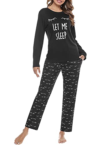 Uniexcosm Schlafanzug Damen Lang Pyjama Set Baumwolle Zweiteiliger Hausanzug Nachtwäsche mit Katzendruck und Polka Dot Schlafanzughose Loungewear Freizeitanzug Stil 2:Pechschwarz L von Uniexcosm