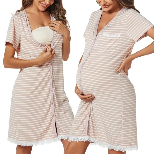 Uniexcosm Stillnachthemd Damen Kurzarm Baumwolle Umstandsnachthemd V Ausschnitt Mutterschaft Nachthemd Knopfleiste für Schwangere oder Stillende Frauen Umstandskleid Stil 1:Rosa XL von Uniexcosm