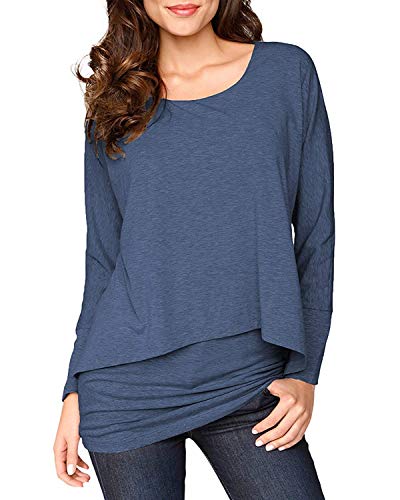 Uniquestyle Damen 2 in 1 Optik Langarmshirt Casual Tunkia Langarm Große Größen Longshirt Asymmetrisch Oberteil Top Shirt Blau S von Uniquestyle