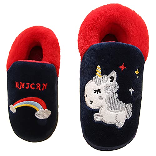 Unitysow Hausschuhe Junge Pantoffeln Plüsch Mädchen Baumwolle Pantoffeln Kinder Wärme Hausschuhe Winterschuhe Leicht Rutschfeste Karikatur Home Slippers,Dunkelblau Gr.32/33 von Unitysow