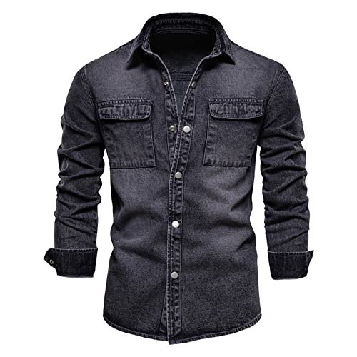 Herren Jeanshemd Mit Druckknöpfen Herrenmode, einfach, locker, mit Taschen, Jeans, bügelfrei, solides, langärmliges Hemd Hemd Herren Classic (Black, XL) von UnoSheng