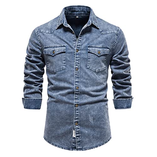 Herren Jeanshemd Mit Druckknöpfen Herrenmode, einfach, locker, mit Taschen, Jeans, bügelfrei, solides, langärmliges Hemd Hemd Herren Classic… von UnoSheng